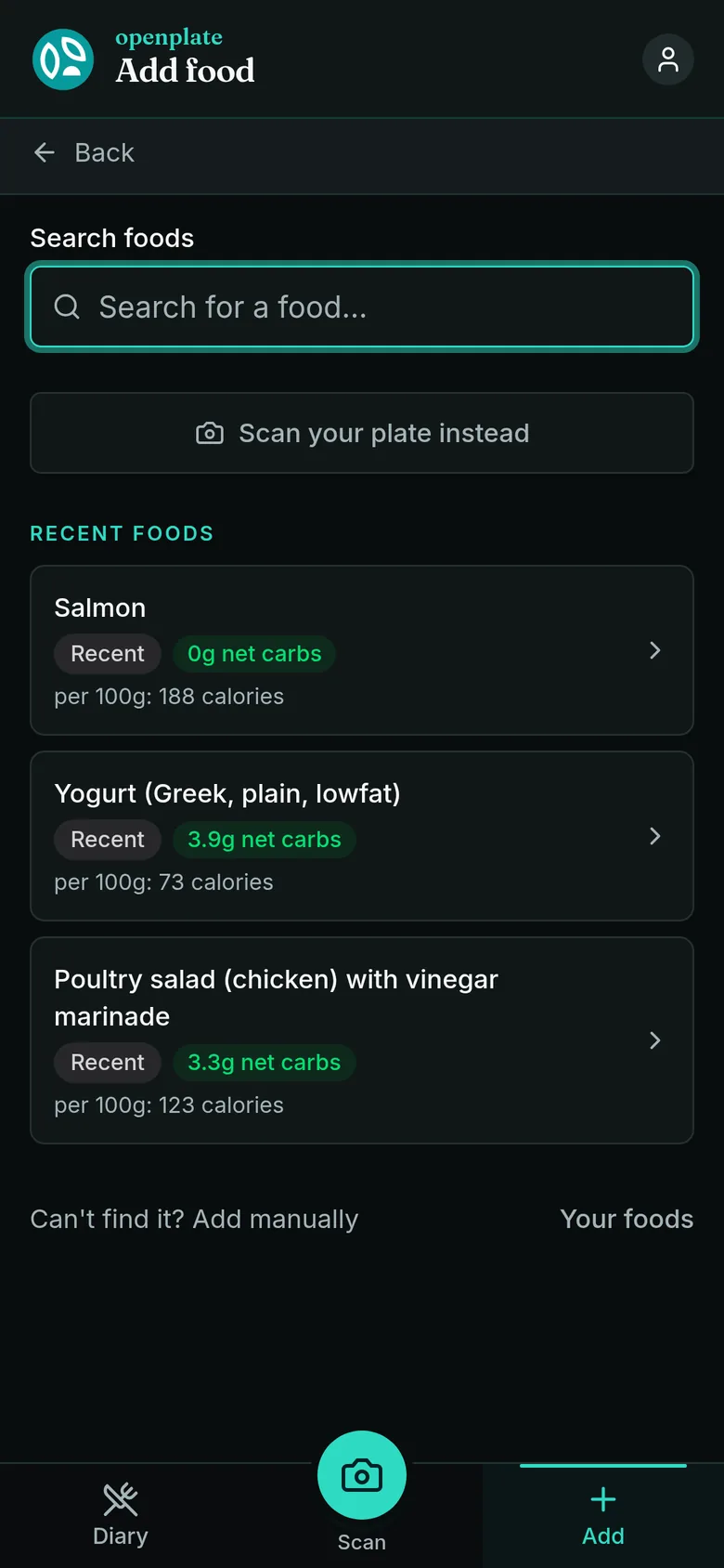 The add-food screen on a phone, listing recent foods with their net carbs.