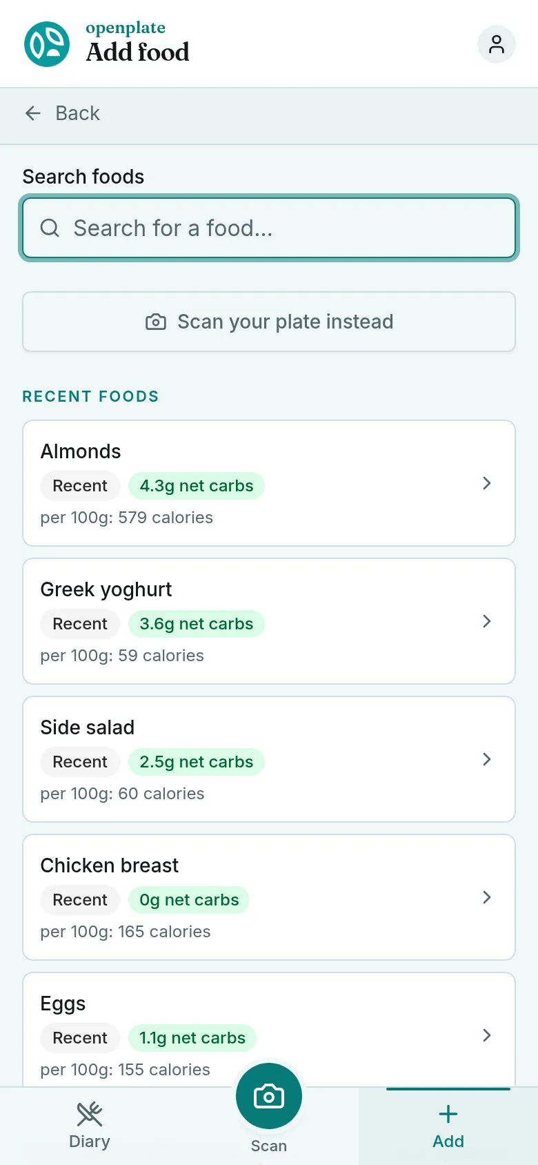 The add-food screen on a phone, listing recent foods with their net carbs.