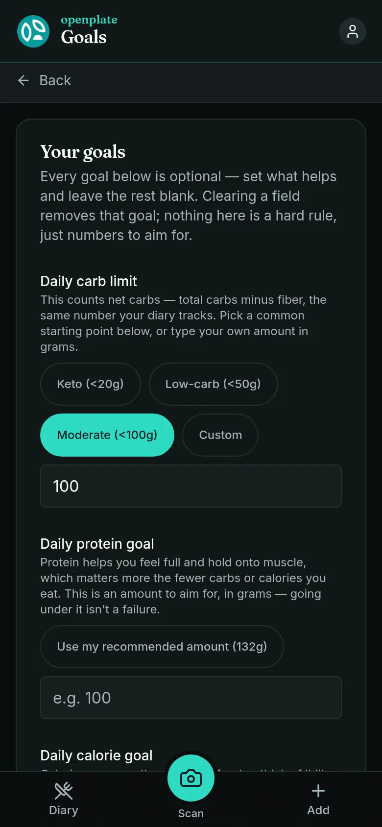 The goals screen on a phone: a daily carb limit with keto, low-carb and moderate presets, and optional protein and calorie targets under it.