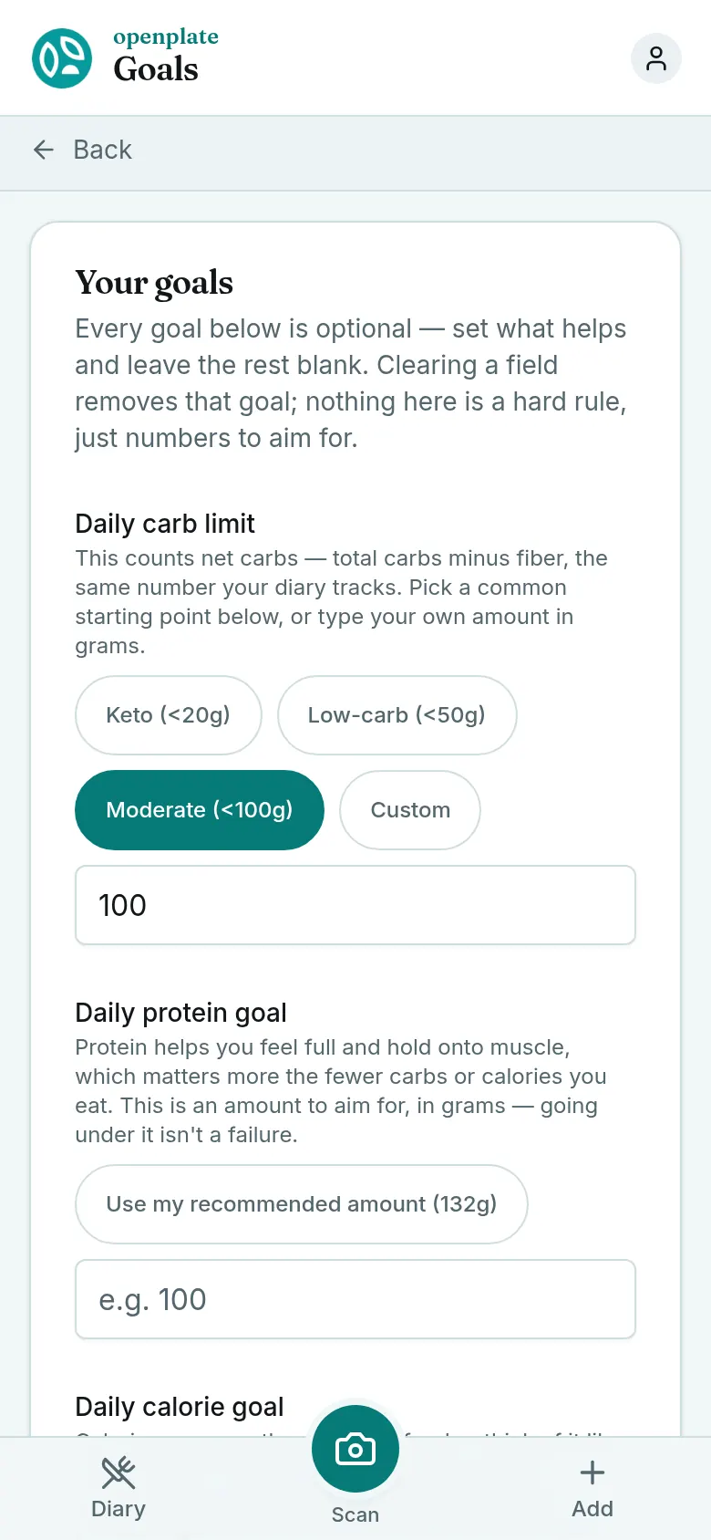 The goals screen on a phone: a daily carb limit with keto, low-carb and moderate presets, and optional protein and calorie targets under it.