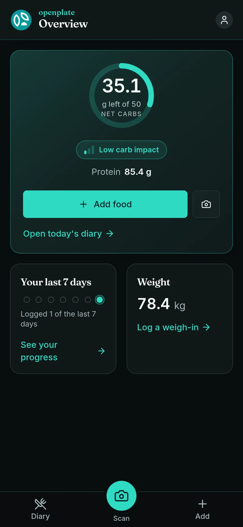 The overview screen on a phone, with the day ring, the last seven days and the latest weigh-in.