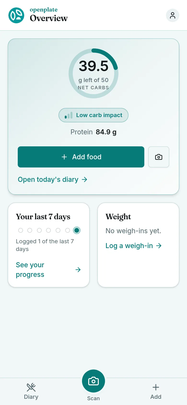 The overview screen on a phone, with the day ring, the last seven days and the latest weigh-in.