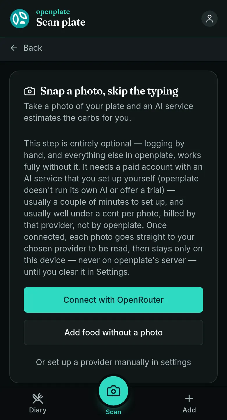 The scan screen on a phone, offering a one-click connect to OpenRouter.