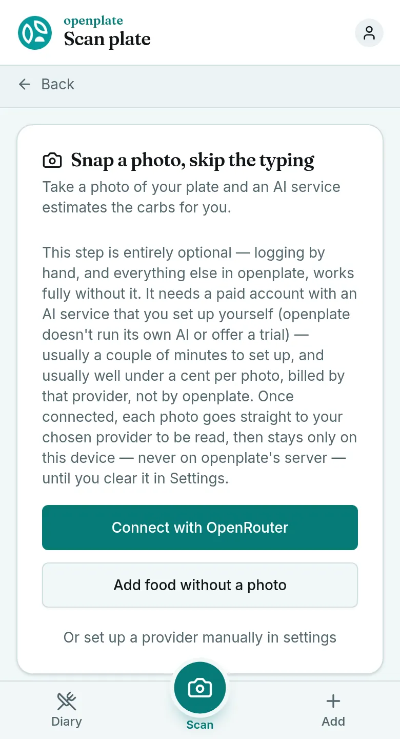 The scan screen on a phone, offering a one-click connect to OpenRouter.