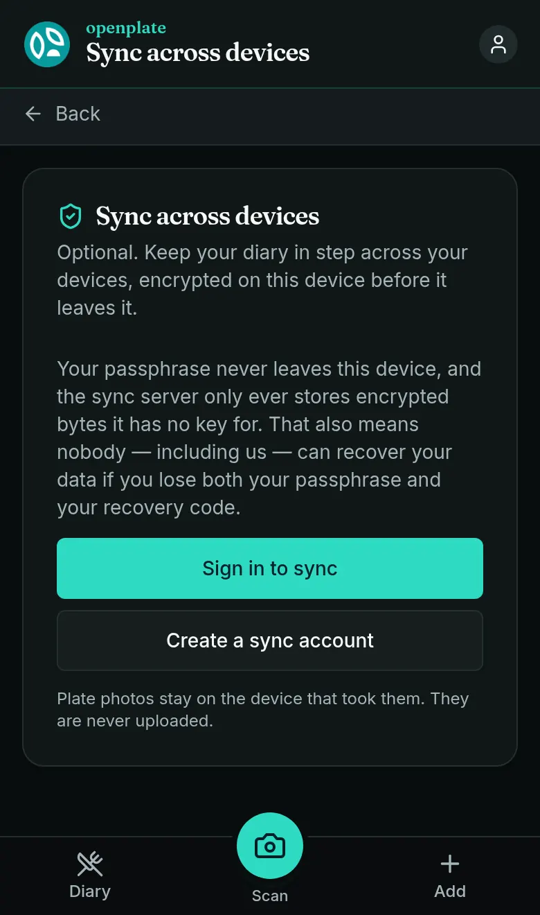 The sync screen on a phone, offering to sign in to sync or create a sync account, with a note that plate photos are never uploaded.