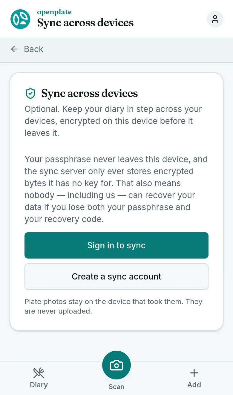 The sync screen on a phone, offering to sign in to sync or create a sync account, with a note that plate photos are never uploaded.