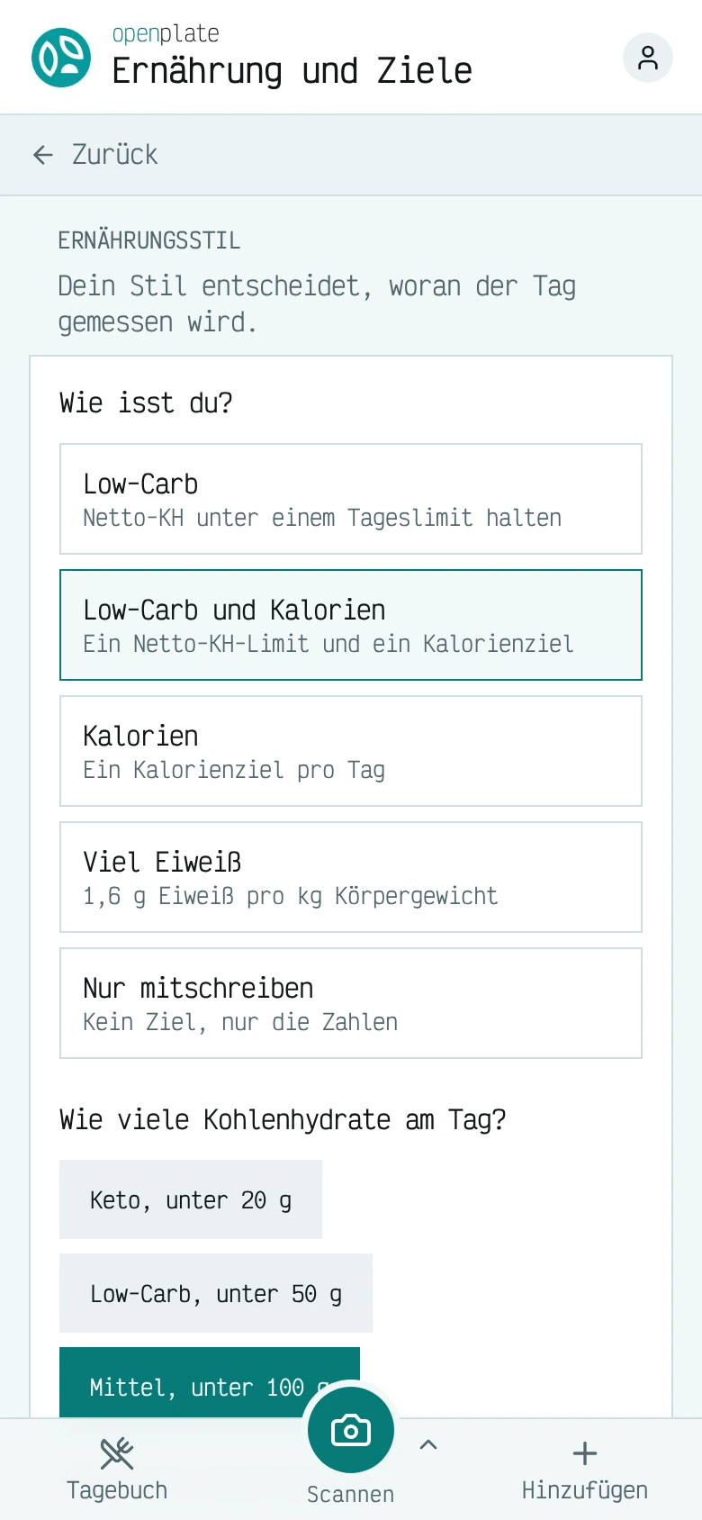 Die Ansicht für Ernährung und Ziele: Optionen für den Ernährungsstil, von Low-Carb bis zu einfachem Erfassen, und voreingestellte tägliche Kohlenhydratlimits.